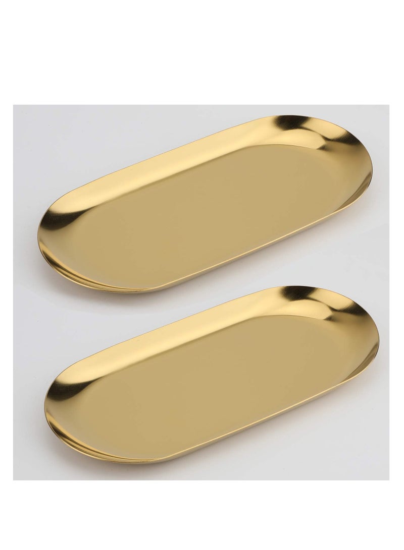 سيوسي الفولاذ المقاوم للصدأ ديكور صينية ، مجموعة من 2 ، 7 بوصة طويلة ، والمجوهرات وأدوات المائدة ، مدير مستحضرات التجميل ، وأدوات المائدة الحمام المتنوعة ، تخزين صينية صغيرة ، البيضاوي ، والذهب - Image 1