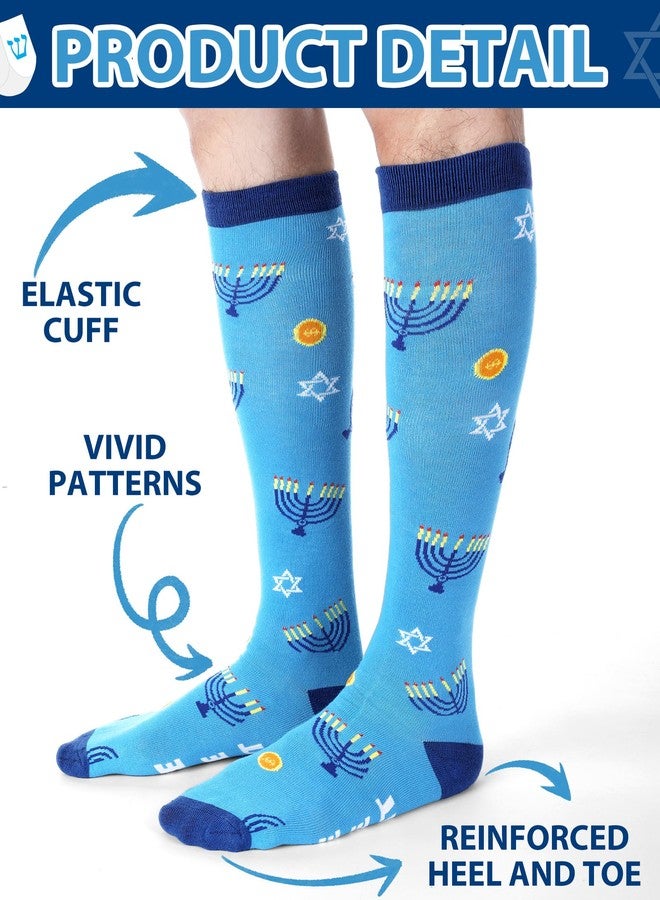 Shyyween 6 Pairs Men's Hanukkah Socks Novelty Festive Chanukah Knee High Socks with Dreidel, Menorah & Star of David Designsjudaica Gifts for Jewish Festival of Lights Celebration - Image 4