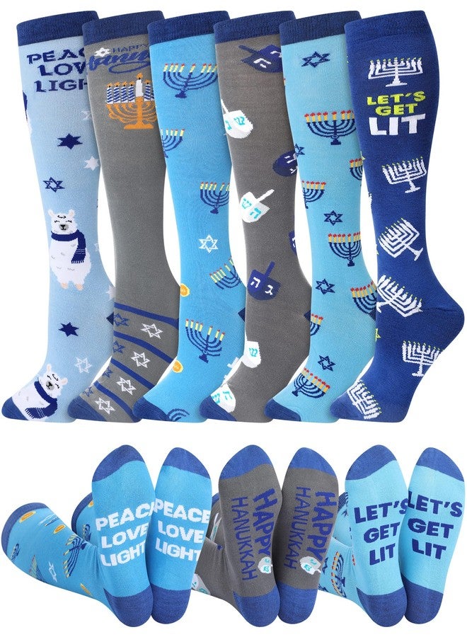 Shyyween 6 Pairs Men's Hanukkah Socks Novelty Festive Chanukah Knee High Socks with Dreidel, Menorah & Star of David Designsjudaica Gifts for Jewish Festival of Lights Celebration - Image 1
