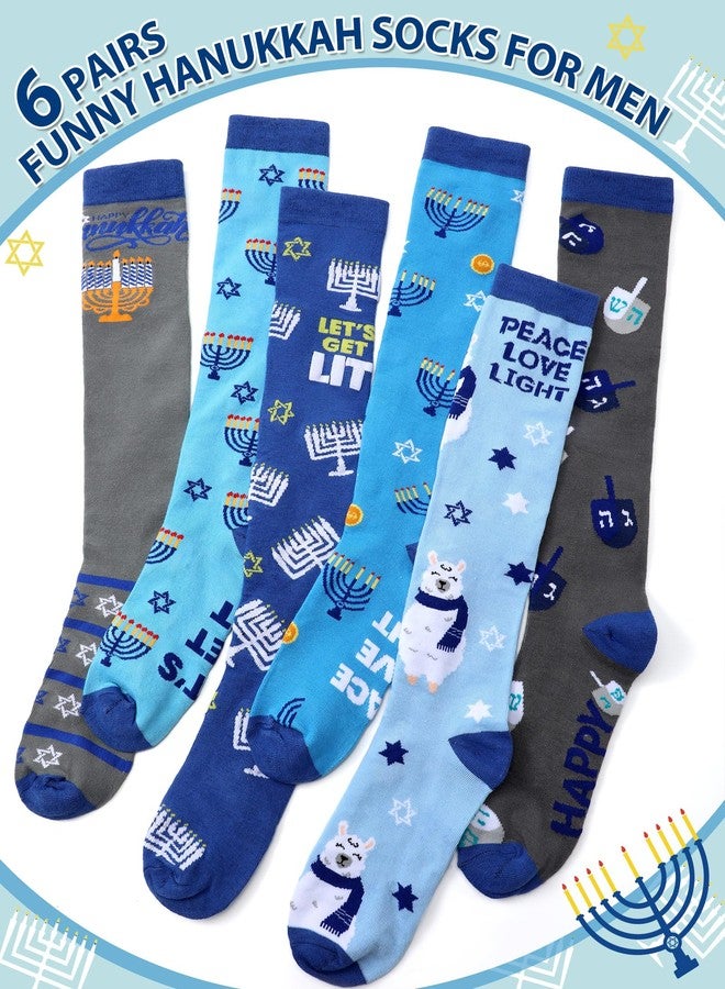 Shyyween 6 Pairs Men's Hanukkah Socks Novelty Festive Chanukah Knee High Socks with Dreidel, Menorah & Star of David Designsjudaica Gifts for Jewish Festival of Lights Celebration - Image 3