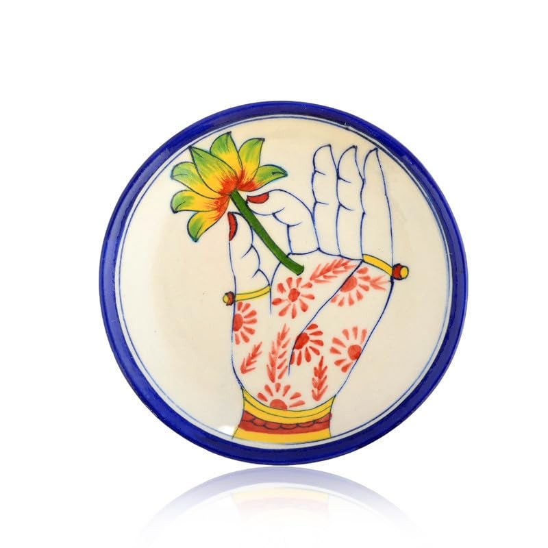 NATRIEL Blue Pottery White Color Plate Artisan Handcrafted Plate for Classic Home and Kitchen Decor and Serving Handmade and Handpainted (Hand with Flower, 6" to 8") - Image 1