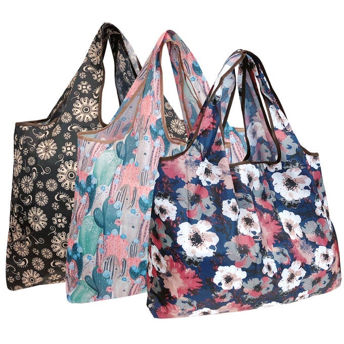 LARGE FOLDABLE TOTE NYLON REUSABLE GROCERY BAG 3 PACK CACTI FLORAL POPPIES