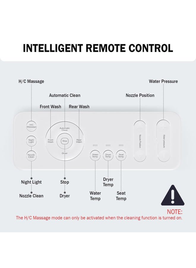 Clirass ZY1001A Electric Smart Bidet Toilet Seat, Warm Water and Adjustable Pressure, Elongated Heated Toilet Seat and Warm Air Drying, Slow Close Lid,Night Light,Wireless Remote,White (Elongated) - Image 5