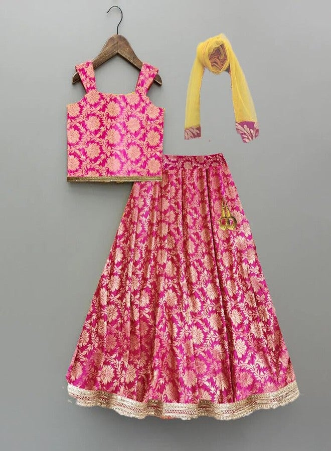 HIBA CREATIONS Baby Girl kids Readymade Banarsi lehenga choli with dupatta set in Rani Pink Color 5-6 Years - Image 3