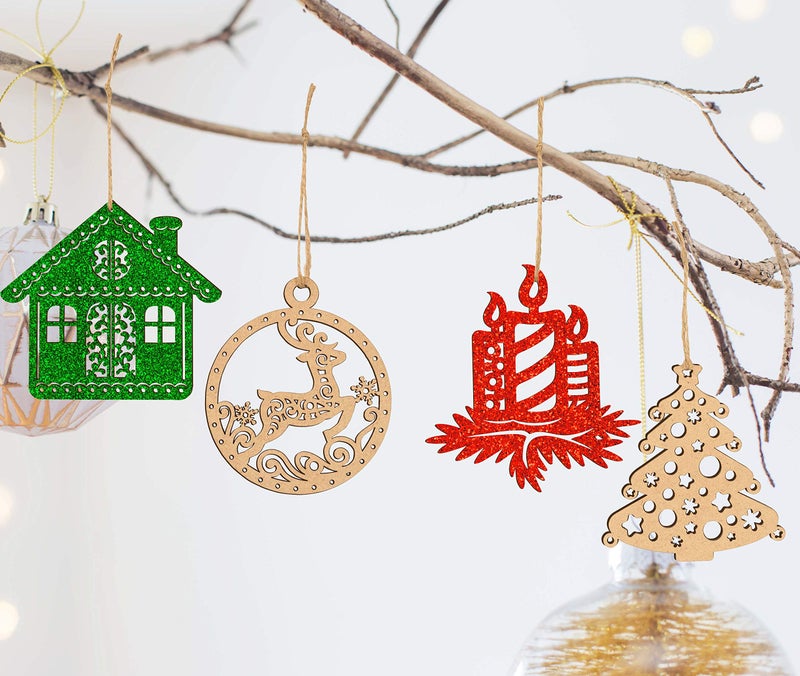 Inkdotpot 18pcs Wooden Christmas Ornaments, Unfinished Wooden Laser Cutouts Snowflakes/Tree Shaped Embellishments Hanging Ornament for Christmas Decorations- Tree Decor- Kids Crafts DIY - Image 5