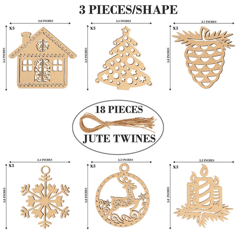Inkdotpot 18pcs Wooden Christmas Ornaments, Unfinished Wooden Laser Cutouts Snowflakes/Tree Shaped Embellishments Hanging Ornament for Christmas Decorations- Tree Decor- Kids Crafts DIY - Image 4