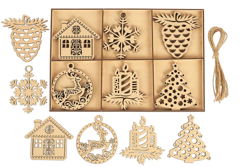 Inkdotpot 18pcs Wooden Christmas Ornaments, Unfinished Wooden Laser Cutouts Snowflakes/Tree Shaped Embellishments Hanging Ornament for Christmas Decorations- Tree Decor- Kids Crafts DIY - Image 1