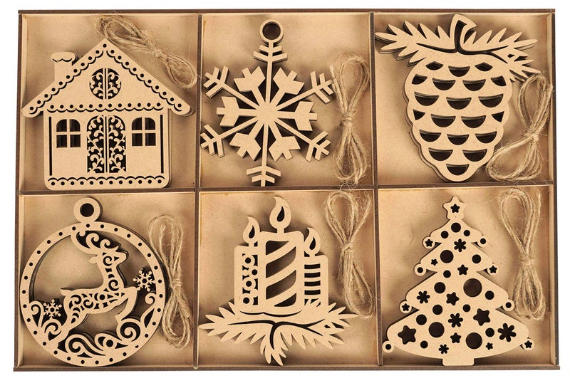 Inkdotpot 18pcs Wooden Christmas Ornaments, Unfinished Wooden Laser Cutouts Snowflakes/Tree Shaped Embellishments Hanging Ornament for Christmas Decorations- Tree Decor- Kids Crafts DIY - Image 2