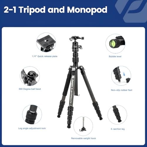 Fotopro X-Go E2 Professional Carbon Fiber 59.88in/152CM Camera Travel Tripod with Monopod, FPH-42Q 360° Ball Head,1/4 inch Quick Release Plate and Bag for DSLR Camera (Payload 8KG) - Image 5