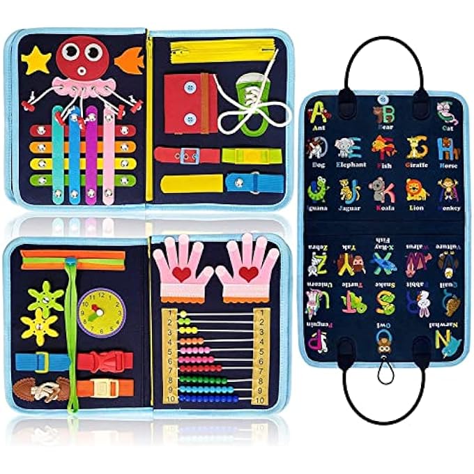 BUSY BOARD MONTESSORI TOY FOR 1 2 3 4 YEAR OLD TODDLERS, TODDLER TRAVEL TOYS FOR PLANE CAR, QUIET BOOK, SENSORY TOYS FOR TODDLERS 2 3 4, MONTESSORI TOYS FOR TODDLER (BLUE) - Image 2