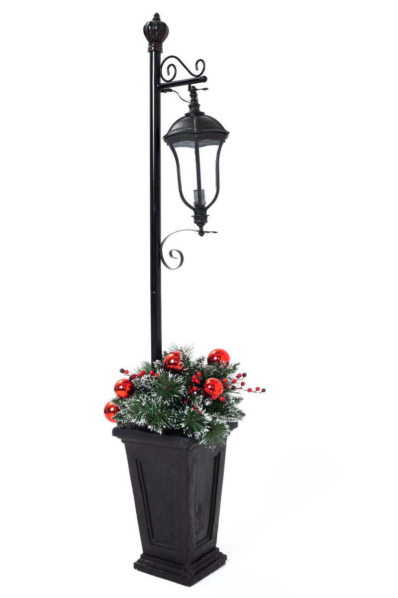 Christmas Lamp Post, Hanging Light & 50 Rice Lights, Greenery, 7ft - Image 1
