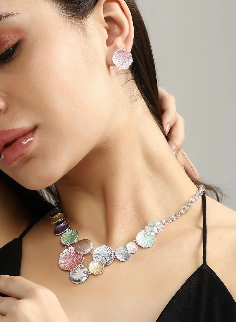 SOHI SOHI Women's The Lillypad Jewellery Set For Evening Wear | Baby Pink & Mint Green Colour | Alloy Material | Lobster Clasp Closure | Metallic Jewellery Set | Statement Necklace & Stud Earrings For Women & Girls