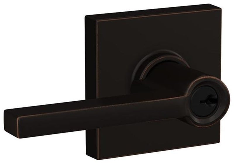 SCHLAGE F51A LAT 716 COL Latitude Lever with Collins Trim Keyed Entry Lock, Aged Bronze - Image 1