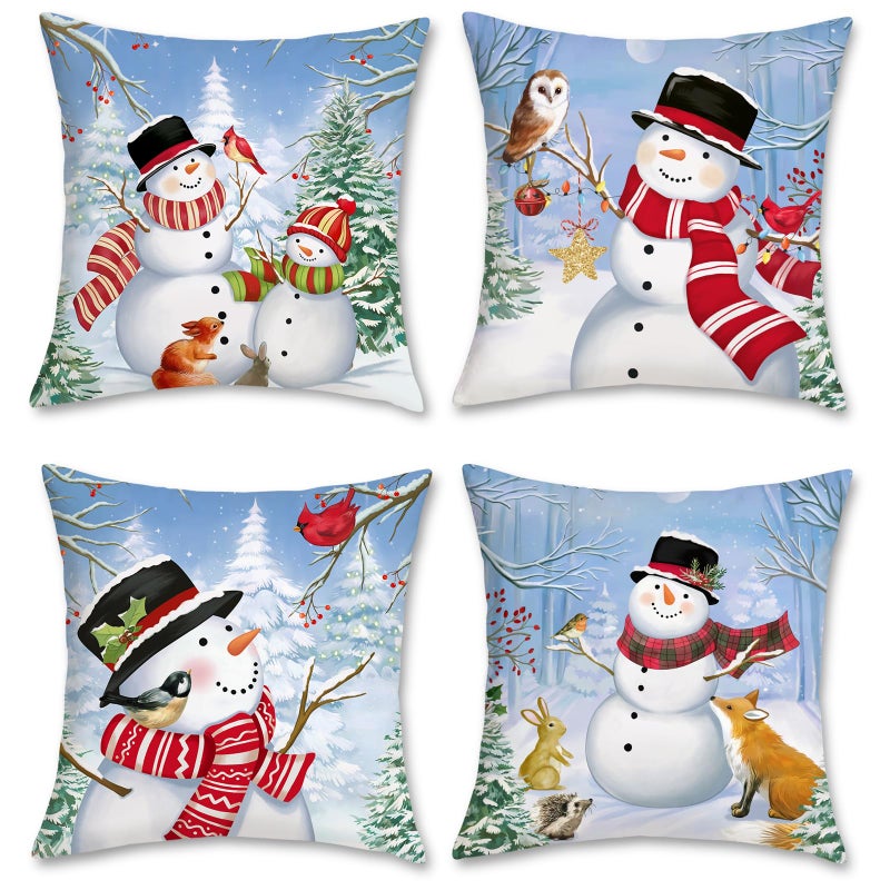 Bonhause Christmas Winter Snowman Throw Pillow Covers 18x18 Inch Snowy Forest Pine Tree Winter Holiday Decorative Pillows for Couch Sofa Bed Xmas Home Decor Set of 4 - Image 2