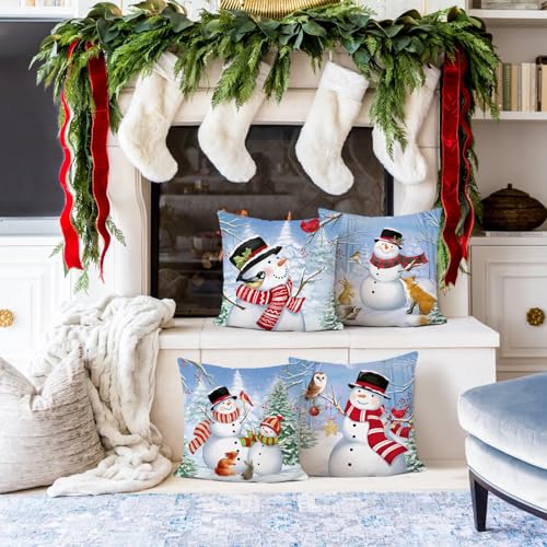 Bonhause Christmas Winter Snowman Throw Pillow Covers 18x18 Inch Snowy Forest Pine Tree Winter Holiday Decorative Pillows for Couch Sofa Bed Xmas Home Decor Set of 4 - Image 3