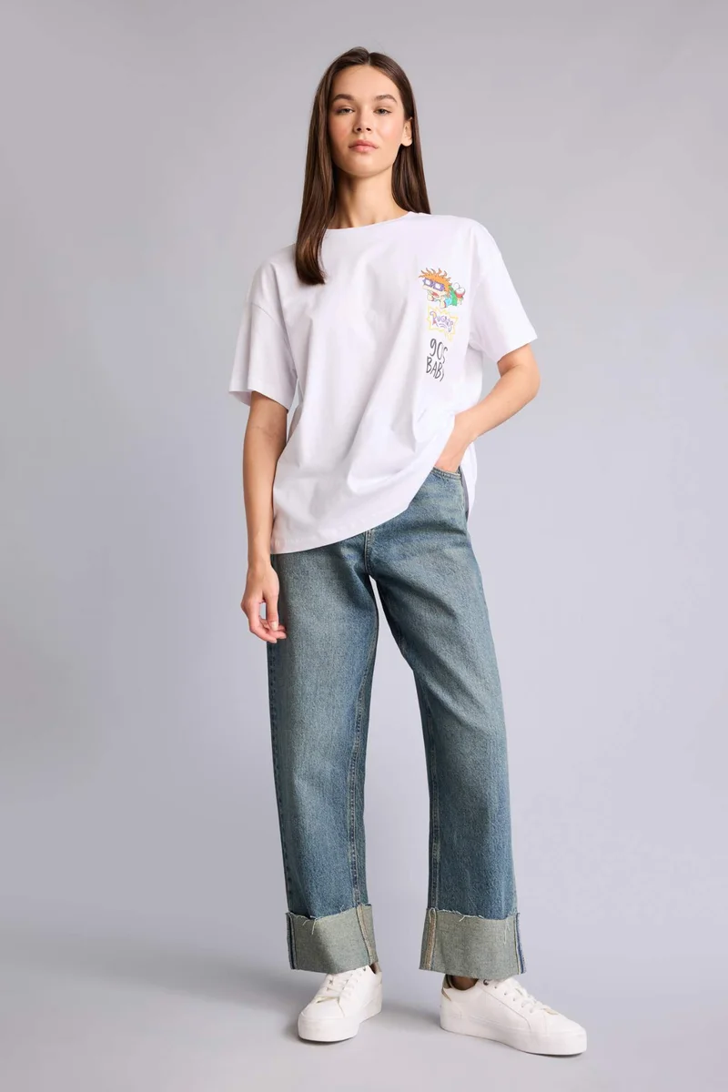 ديفاكتو Rugrats Crew Neck Printed Oversize White T-shirt