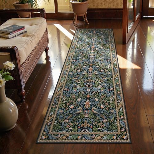 Morebes Floral Kitchen Runner Rug 2x6 Non Slip Washable Boho Botanical Hallway Runner UltraThin StainResistant Soft Carpet for Bathroom Entryway Laundry Room 6ft Navy Blue - Image 1