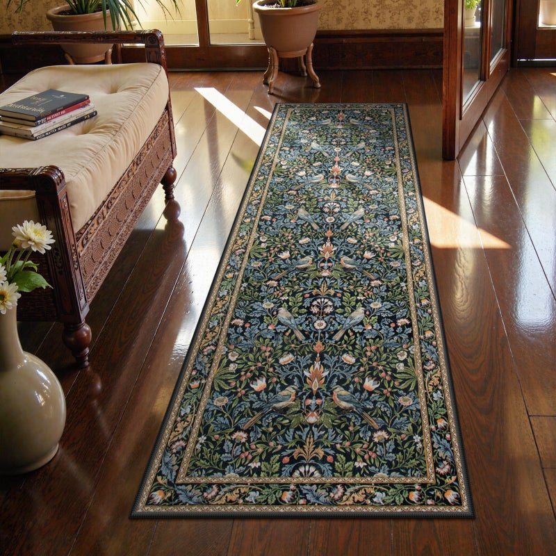 Morebes Floral Kitchen Runner Rug 2x6 Non Slip Washable Boho Botanical Hallway Runner UltraThin StainResistant Soft Carpet for Bathroom Entryway Laundry Room 6ft Navy Blue - Image 2
