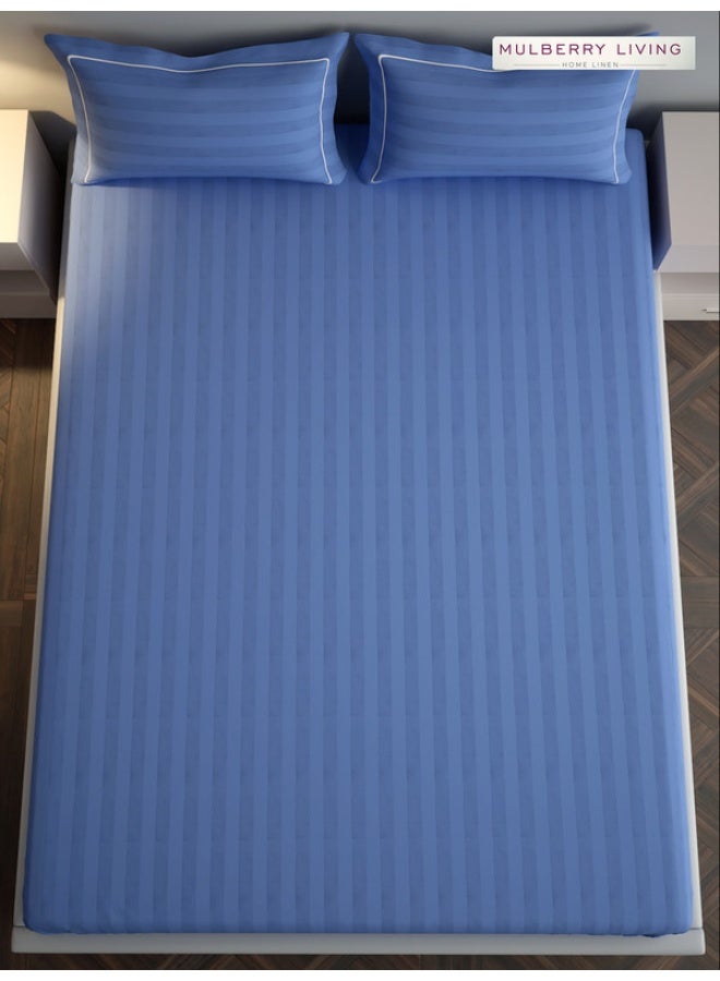 MULBERRY LIVING 100% Cotton - 300Tc Elysian Stripes King Size (260X280  Cms) Flat Bedsheet With 2 Pillow Covers (50X75 Cm) - Mediterranean Blue  - Image 4