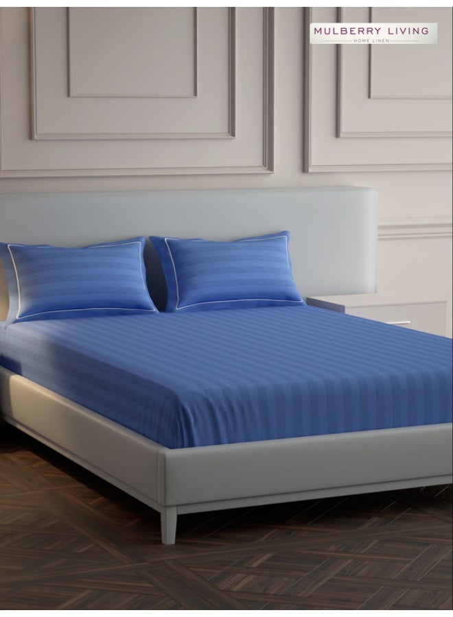 MULBERRY LIVING 100% Cotton - 300Tc Elysian Stripes King Size (260X280  Cms) Flat Bedsheet With 2 Pillow Covers (50X75 Cm) - Mediterranean Blue  - Image 3