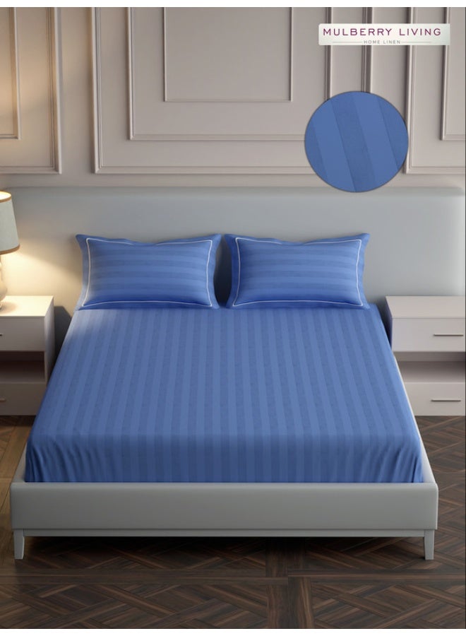 MULBERRY LIVING 100% Cotton - 300Tc Elysian Stripes King Size (260X280  Cms) Flat Bedsheet With 2 Pillow Covers (50X75 Cm) - Mediterranean Blue  - Image 1