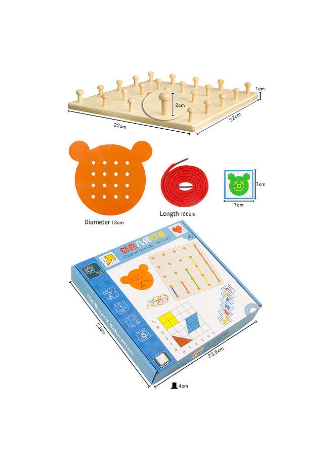 Generic - Wooden Geoboard Mathematical Manipulative Material 5x5 Array Geo Board with Elastic Bands Pattern Cards Threading Board Graphical Montessori Education Learning Toy Gift - Image 1