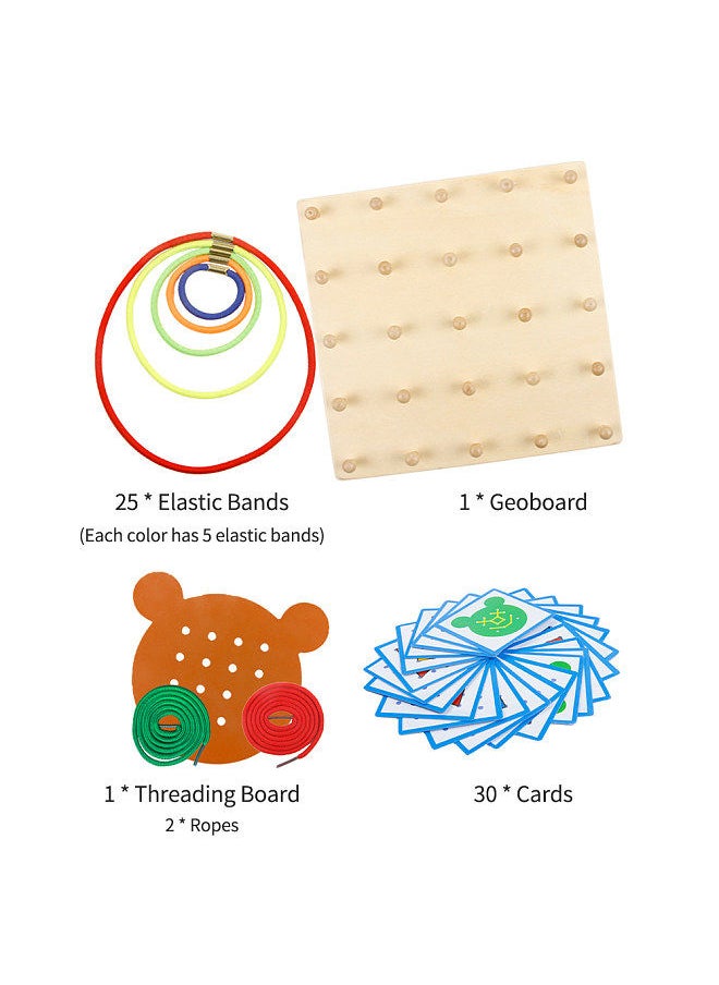 Generic - Wooden Geoboard Mathematical Manipulative Material 5x5 Array Geo Board with Elastic Bands Pattern Cards Threading Board Graphical Montessori Education Learning Toy Gift - Image 1