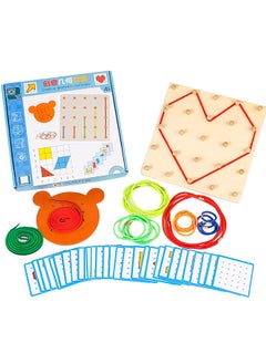 Wooden Geoboard Mathematical Manipulative Material 5x5 Array Geo Board with Elastic Bands Pattern Cards Threading Board Graphical Montessori Education Learning Toy Gift