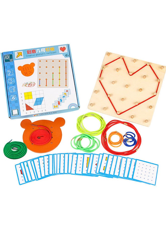 Generic - Wooden Geoboard Mathematical Manipulative Material 5x5 Array Geo Board with Elastic Bands Pattern Cards Threading Board Graphical Montessori Education Learning Toy Gift - Image 1
