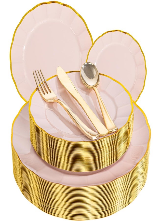 ejonirinjonir EI 150pcs Pink Plastic Plates with Gold Plastic Silverware,Pink Party Plates,Heavy Duty Plate Disposable,Gold Dinnerware Set for Birthday, Afternoon Tea,Wedding - Image 1