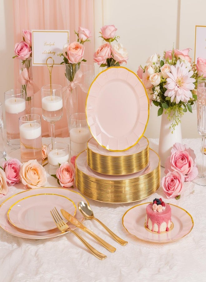 ejonirinjonir EI 150pcs Pink Plastic Plates with Gold Plastic Silverware,Pink Party Plates,Heavy Duty Plate Disposable,Gold Dinnerware Set for Birthday, Afternoon Tea,Wedding - Image 5