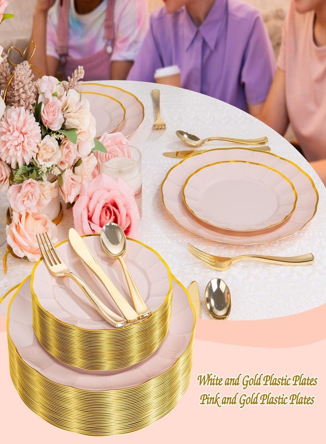 ejonirinjonir EI 150pcs Pink Plastic Plates with Gold Plastic Silverware,Pink Party Plates,Heavy Duty Plate Disposable,Gold Dinnerware Set for Birthday, Afternoon Tea,Wedding - Image 3
