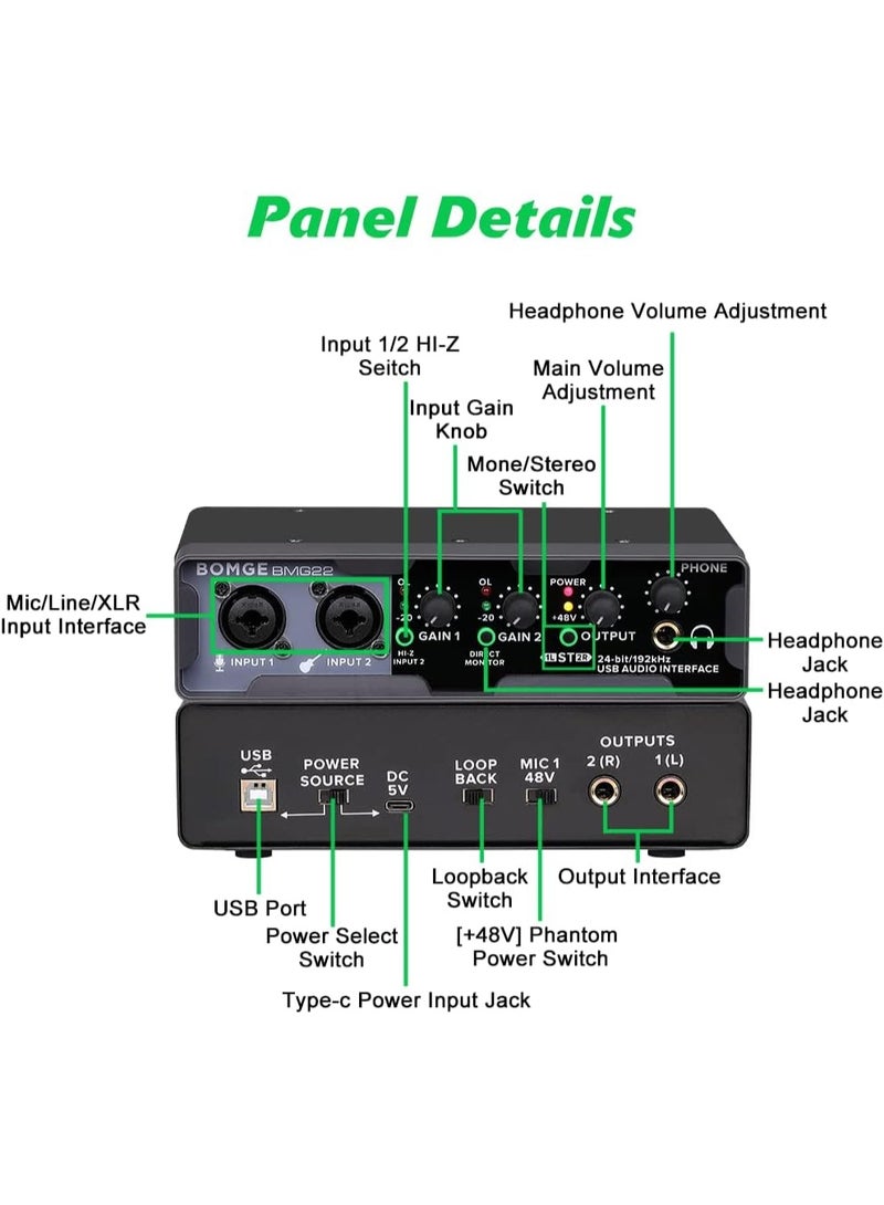 BOMGE BMG-22 USB Audio Interface 24-Bit 192kHz with Dual XLR Inputs 48V Phantom Power and Direct Monitoring - Image 5
