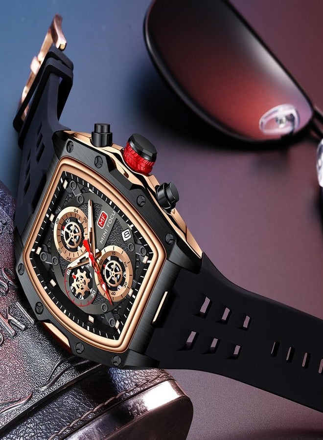 MF MINI FOCUS Men Watch Unique Tonneau Casual Wrist Watches (Chronograph/Waterproof/Luminous/Calendar/24 Hours) Silicon Band Fashion Watch for Men（Black & Golden）, (MF0473G.01) - Image 2
