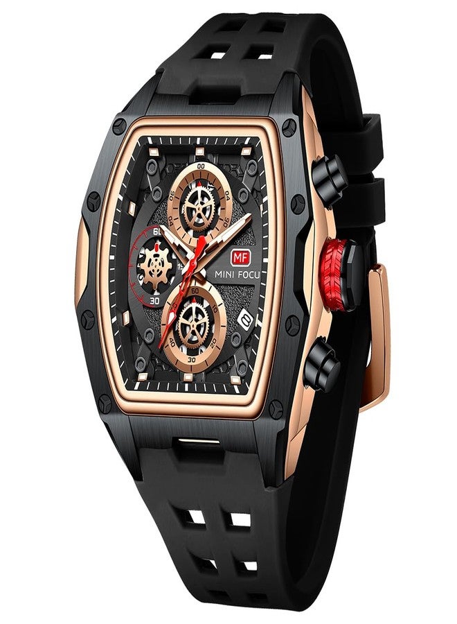 MF MINI FOCUS Men Watch Unique Tonneau Casual Wrist Watches (Chronograph/Waterproof/Luminous/Calendar/24 Hours) Silicon Band Fashion Watch for Men（Black & Golden）, (MF0473G.01) - Image 1