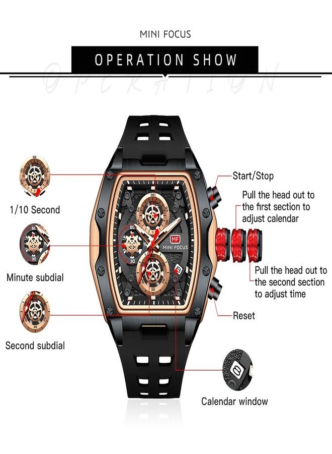 MF MINI FOCUS Men Watch Unique Tonneau Casual Wrist Watches (Chronograph/Waterproof/Luminous/Calendar/24 Hours) Silicon Band Fashion Watch for Men（Black & Golden）, (MF0473G.01) - Image 5