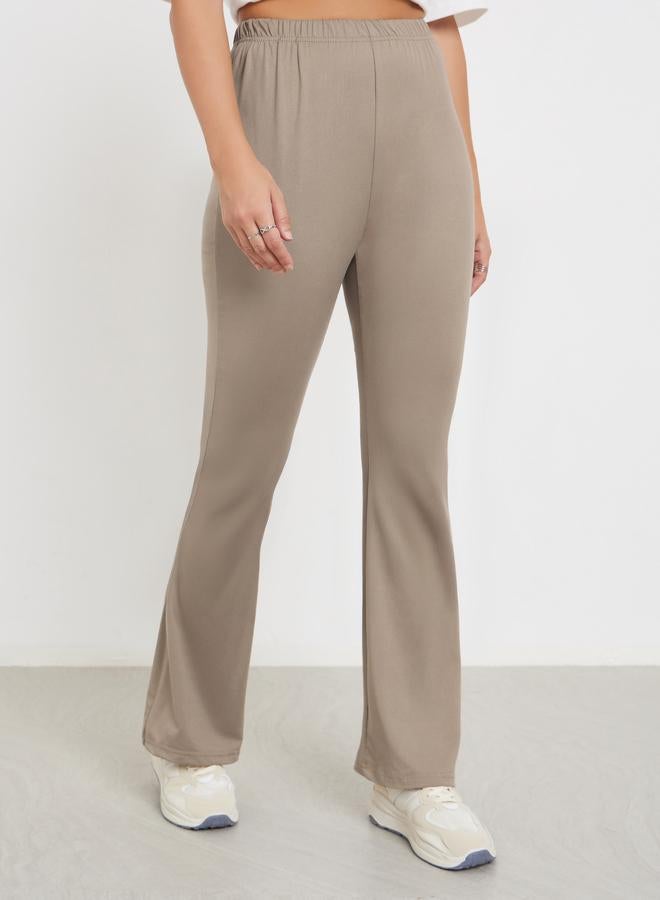 Styli Beige Elastic Waistband Flared Leggings - Image 2