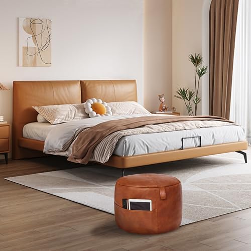 Thgonwid Unstuffed Faux Leather Pouf Cover Handle, Footstool Ottoman Storage Solution, Floor Footrest Cushion, 16.5”Dx12”H, No Filler, (Pocket-Handle) Amaretto - Image 5