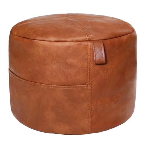 Thgonwid Unstuffed Faux Leather Pouf Cover Handle, Footstool Ottoman Storage Solution, Floor Footrest Cushion, 16.5”Dx12”H, No Filler, (Pocket-Handle) Amaretto - Image 1