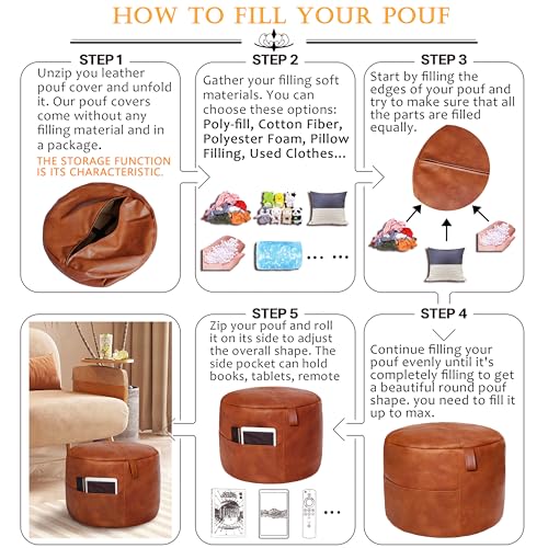 Thgonwid Unstuffed Faux Leather Pouf Cover Handle, Footstool Ottoman Storage Solution, Floor Footrest Cushion, 16.5”Dx12”H, No Filler, (Pocket-Handle) Amaretto - Image 3