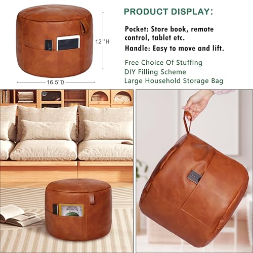 Thgonwid Unstuffed Faux Leather Pouf Cover Handle, Footstool Ottoman Storage Solution, Floor Footrest Cushion, 16.5”Dx12”H, No Filler, (Pocket-Handle) Amaretto - Image 2