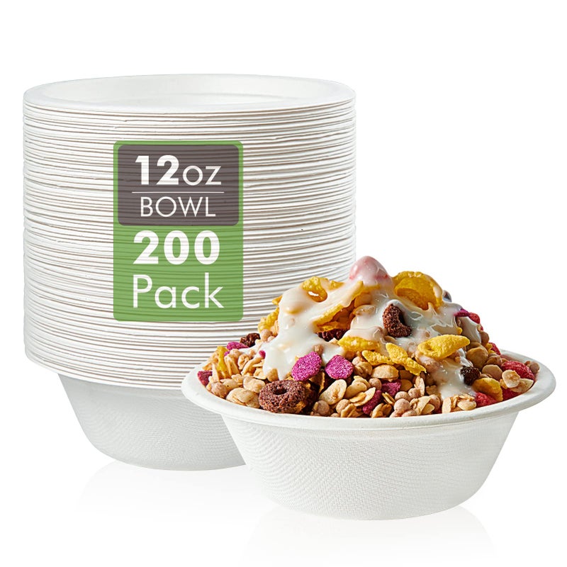 Vplus 200 Pack 12 OZ Paper Bowls Disposable Compostable Bowls Bulk Ecofriendly Bagasse Bowls Heavyduty Bowls Perfect for Milk Cereals Snacks Salads
