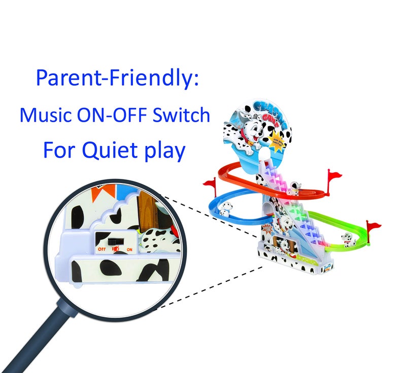 Haktoys Dalmatian Slide Toy Set: Sliding Stair Climbing Dalmatian Dogs Playset with Music On/Off Switch for Quiet Play Option | Track Race Game for Kids Toddlers Boys and Girls - Image 3