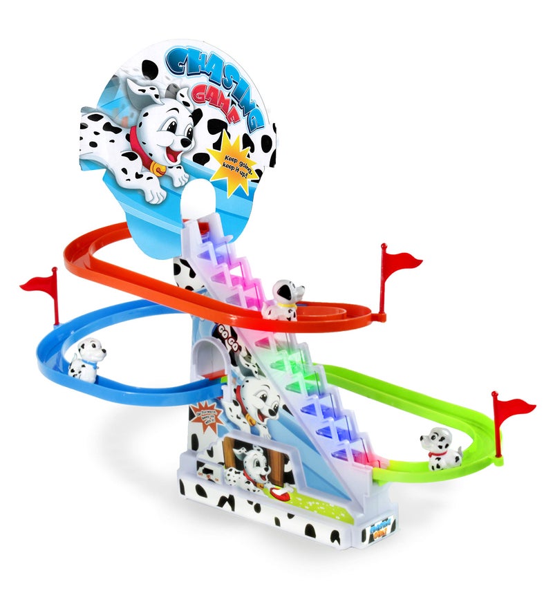 Haktoys Dalmatian Slide Toy Set: Sliding Stair Climbing Dalmatian Dogs Playset with Music On/Off Switch for Quiet Play Option | Track Race Game for Kids Toddlers Boys and Girls - Image 1