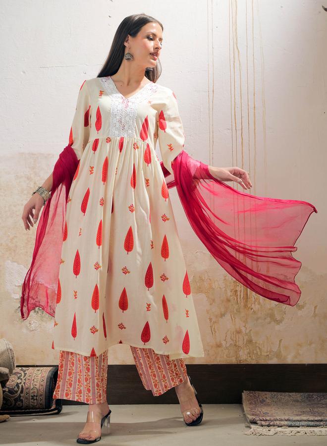 SASSAFRAS White and Red Floral Gathered Kurta with Pencil Pants and Dupatta Set - Image 1