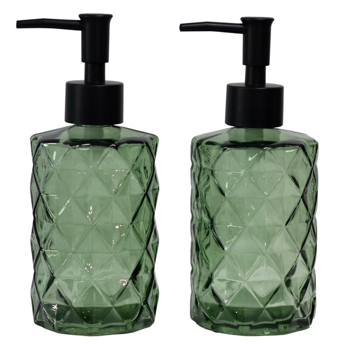 GREEN GLASS SOAP DISPENSER WITH BLACK PLASTIC PUMP 12OZ REFILLABLE LIQUID HAND SOAP DISPENSER 2 PACK CRYSTAL LOTION BOTTLE FOR MODERN HOME DECOR BATHROOM KITCHEN COUNTERTOP HOTEL