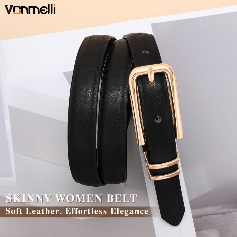 VONMELLI Women Skinny Leather Belt Thin Waist Black Belt for Women Jeans Dress Fashion Ladies Belt with Gold Buckle, S - Image 2
