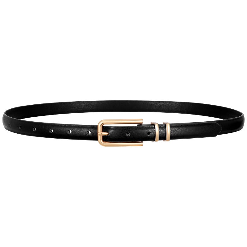 VONMELLI Women Skinny Leather Belt Thin Waist Black Belt for Women Jeans Dress Fashion Ladies Belt with Gold Buckle, S - Image 1
