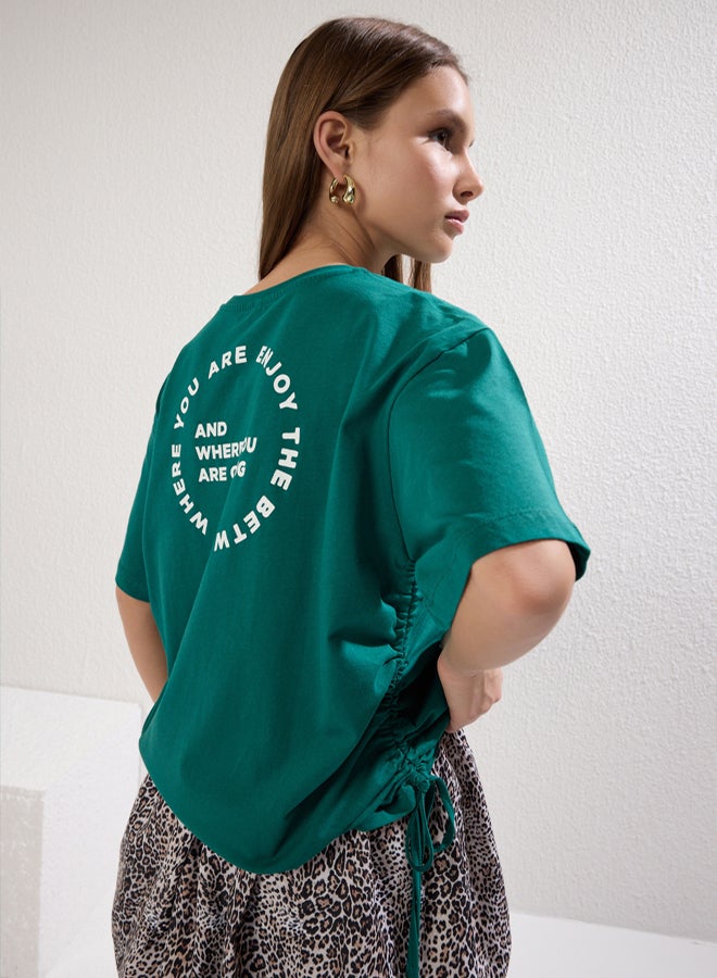 trendyol Emerald Green 100% Cotton Back and Front Printed Oversize/Relaxed Cut Knitted T-Shirt - Image 1