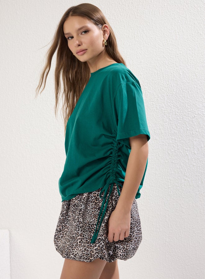trendyol Emerald Green 100% Cotton Back and Front Printed Oversize/Relaxed Cut Knitted T-Shirt - Image 3